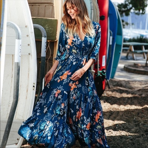 Jaase Mia Maxi Dress In Miak Print Smocked Waist 3/4 Sleeve Blue Size Small - Picture 2 of 10